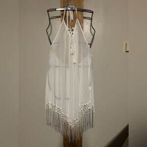AOLRO Swimsuit Cover Up Coverup White Fringe Halter Top Fringe Semi Sheer XL
